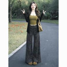 批发三件套女夏季性感辣妹修身吊带背心女百搭显瘦开衫黑色条纹休闲裤