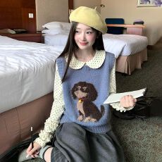 批发韩系学院风蓝色小狗提花针织马甲女<b class='q'>波点</b>娃娃领花边袖口<b class='q'>衬衫</b>两件套