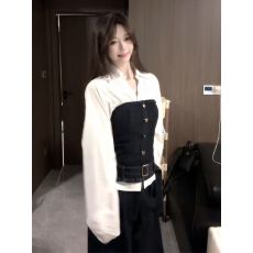 批发法式赫本风条纹条纹<b class='q'>衬衫</b>牛仔马甲阔腿裤气质显瘦休闲穿搭三件套装