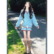 批发撞色翻领针织<b class='q'>套装</b>女秋冬季韩系慵懒风宽松拉链开衫毛衣<b class='q'>短裤</b>两件套