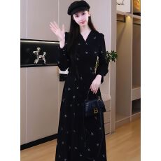 批发黑色V领<b class='q'>蝴蝶结</b><b class='q'>连衣裙</b>新款秋冬大码胖mm复古气质收腰显瘦长袖A字裙