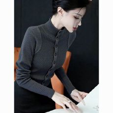 批发休闲风深灰色半高领纽扣针织衫女秋冬新款<b class='q'>百搭</b>显瘦内搭打底上衣