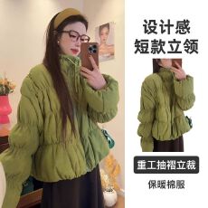 批发重工抽褶立裁磨砂绒面加厚棉服新款设计感短款立领保暖外套女