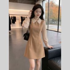 批发2026秋季小众时尚韩系学院风<b class='q'>假两件</b><b class='q'>连衣裙</b>女翻领拼接收腰优雅短裙