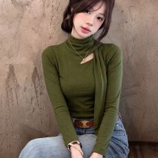 批发独特漂亮巨好看绿色半高领飘带镂空长袖t恤女秋季韩系chic小上衣