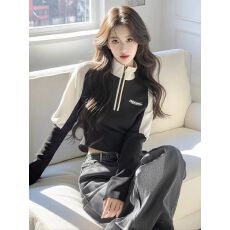 批发春秋设计感小众甜辣妹拼接半拉链短款上衣独特宽松撞色字母立领女