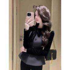 批发黑色丝绒拼接<b class='q'>西装外套</b>女冬高级小众不撞款巨好看名媛气质收腰上衣