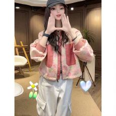 批发美式街头画报短款拉链棒球服<b class='q'>外套</b>女春秋2026<b class='q'>新款</b>超火工装夹克上衣
