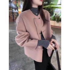 批发2026春季新中式国风盘扣粉色毛呢外套女宽松显瘦百搭洋气短款上衣