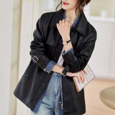 批发中长款风衣皮衣外套女<b class='q'>春</b>秋新款时尚休闲显瘦收腰抽绳皮夹克大衣