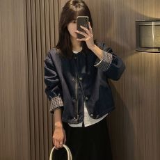 批发复古牛仔外套女宽松2026春秋韩版设计感洋气圆领卷边格子长袖上衣