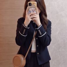 批发高端小资藏青色单立领短外套女秋季新品排扣通勤百搭夹克西装上衣