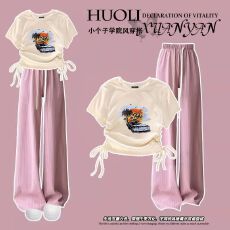 批发夏季<b class='q'>女</b><b class='q'>童</b><b class='q'>韩版</b>抽绳上衣阔腿裤两件套2025新款女孩t恤裤子套装