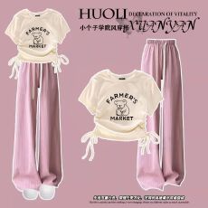 批发夏季<b class='q'>女</b><b class='q'>童</b><b class='q'>韩版</b>抽绳上衣阔腿裤两件套2025新款女孩t恤裤子套装