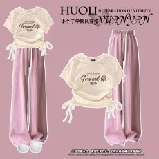 批发夏季<b class='q'>女</b><b class='q'>童</b><b class='q'>韩版</b>抽绳上衣阔腿裤两件套2025新款女孩t恤裤子套装