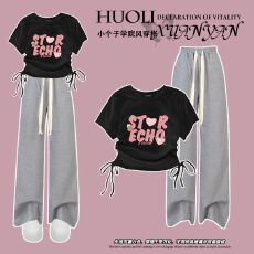 批发夏季<b class='q'>女</b><b class='q'>童</b><b class='q'>韩版</b>抽绳上衣阔腿裤两件套2025新款女孩t恤裤子套装