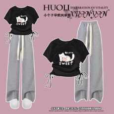 批发夏季<b class='q'>女</b><b class='q'>童</b><b class='q'>韩版</b>抽绳上衣阔腿裤两件套2025新款女孩t恤裤子套装