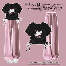 批发夏季<b class='q'>女</b><b class='q'>童</b><b class='q'>韩版</b>抽绳上衣阔腿裤两件套2025新款女孩t恤裤子套装