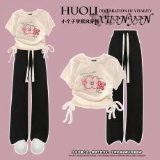 批发夏季<b class='q'>女</b><b class='q'>童</b><b class='q'>韩版</b>抽绳上衣阔腿裤两件套2025新款女孩t恤裤子套装