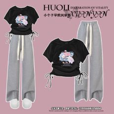 批发夏季<b class='q'>女</b><b class='q'>童</b><b class='q'>韩版</b>抽绳上衣阔腿裤两件套2025新款女孩t恤裤子套装