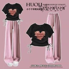 批发夏季<b class='q'>女</b><b class='q'>童</b><b class='q'>韩版</b>抽绳上衣阔腿裤两件套2025新款女孩t恤裤子套装