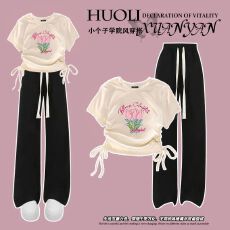 批发夏季<b class='q'>女</b><b class='q'>童</b><b class='q'>韩版</b>抽绳上衣阔腿裤两件套2025新款女孩t恤裤子套装