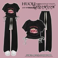 批发夏季<b class='q'>女</b><b class='q'>童</b><b class='q'>韩版</b>抽绳上衣阔腿裤两件套2025新款女孩t恤裤子套装