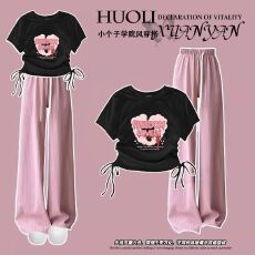 批发夏季<b class='q'>女</b><b class='q'>童</b><b class='q'>韩版</b>抽绳上衣阔腿裤两件套2025新款女孩t恤裤子套装