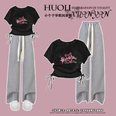 批发夏季<b class='q'>女</b><b class='q'>童</b><b class='q'>韩版</b>抽绳上衣阔腿裤两件套2025新款女孩t恤裤子套装