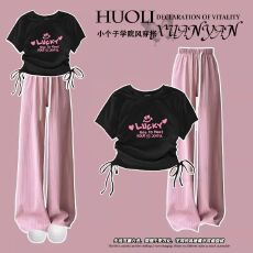 批发夏季<b class='q'>女</b><b class='q'>童</b><b class='q'>韩版</b>抽绳上衣阔腿裤两件套2025新款女孩t恤裤子套装