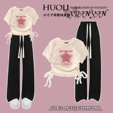 批发夏季<b class='q'>女</b><b class='q'>童</b><b class='q'>韩版</b>抽绳上衣阔腿裤两件套2025新款女孩t恤裤子套装