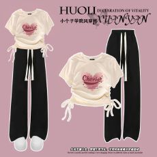 批发夏季<b class='q'>女</b><b class='q'>童</b><b class='q'>韩版</b>抽绳上衣阔腿裤两件套2025新款女孩t恤裤子套装