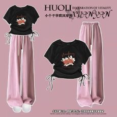 批发夏季<b class='q'>女</b><b class='q'>童</b><b class='q'>韩版</b>抽绳上衣阔腿裤两件套2025新款女孩t恤裤子套装