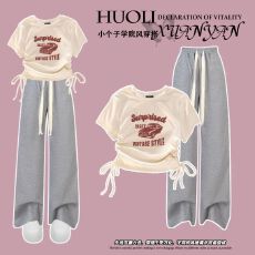 批发夏季<b class='q'>女</b><b class='q'>童</b><b class='q'>韩版</b>抽绳上衣阔腿裤两件套2025新款女孩t恤裤子套装