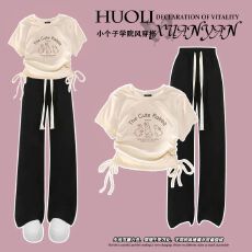 批发夏季<b class='q'>女</b><b class='q'>童</b><b class='q'>韩版</b>抽绳上衣阔腿裤两件套2025新款女孩t恤裤子套装