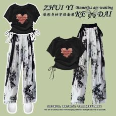 批发女童中国风套装国潮<b class='q'>夏</b>季水墨画阔腿裤中大童新中式上衣休闲两件套