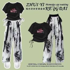 批发女童中国风套装国潮<b class='q'>夏</b>季水墨画阔腿裤中大童新中式上衣休闲两件套