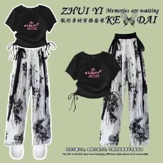 批发女童中国风套装国潮<b class='q'>夏</b>季水墨画阔腿裤中大童新中式上衣休闲两件套