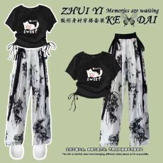 批发女童中国风套装国潮<b class='q'>夏</b>季水墨画阔腿裤中大童新中式上衣休闲两件套