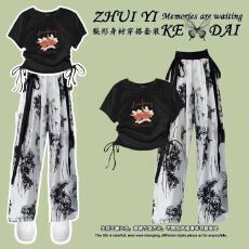 批发女童中国风套装国潮<b class='q'>夏</b>季水墨画阔腿裤中大童新中式上衣休闲两件套