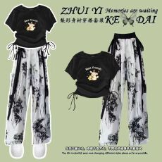 批发女童中国风套装国潮<b class='q'>夏</b>季水墨画阔腿裤中大童新中式上衣休闲两件套