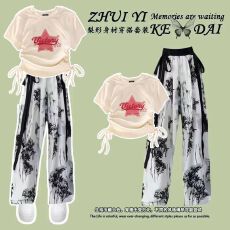 批发女童中国风套装国潮<b class='q'>夏</b>季水墨画阔腿裤中大童新中式上衣休闲两件套