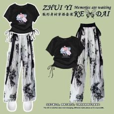 批发女童中国风套装国潮<b class='q'>夏</b>季水墨画阔腿裤中大童新中式上衣休闲两件套