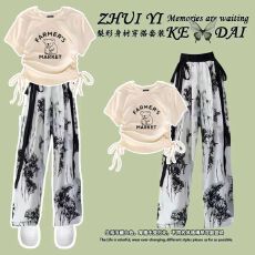 批发女童中国风套装国潮<b class='q'>夏</b>季水墨画阔腿裤中大童新中式上衣休闲两件套