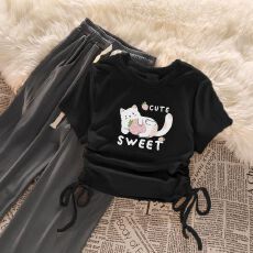 批发<b class='q'>女</b><b class='q'>童</b>套装<b class='q'>韩版</b>抽绳短袖上衣高腰阔腿裤两件套装中大童女孩夏季新款