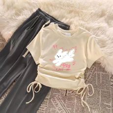 批发<b class='q'>女</b><b class='q'>童</b>套装<b class='q'>韩版</b>抽绳短袖上衣高腰阔腿裤两件套装中大童女孩夏季新款