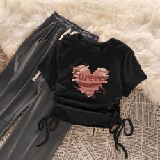 批发<b class='q'>女</b><b class='q'>童</b>套装<b class='q'>韩版</b>抽绳短袖上衣高腰阔腿裤两件套装中大童女孩夏季新款