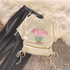 批发<b class='q'>女</b><b class='q'>童</b>套装<b class='q'>韩版</b>抽绳短袖上衣高腰阔腿裤两件套装中大童女孩夏季新款