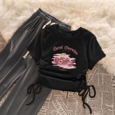 女童套装韩版抽绳短袖上衣高腰阔腿裤两件套装中大童女孩夏季新款