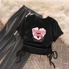 女童套装韩版抽绳短袖上衣高腰阔腿裤两件套装中大童女孩夏季新款